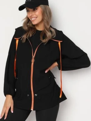 Czarna Kurtka Jednorzędowa z Bawełną Kapturem i Wstążką Zakończona Ściągaczem Martinis h&s
