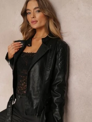 Czarna Kurtka Motocyklowa z Przeszyciami i Paskiem ze Sprzączką Huffi