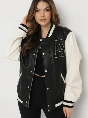 Czarna Kurtka o Fasonie Bomberki z Ekoskóry z Dzianinowymi Rękawami Talvina