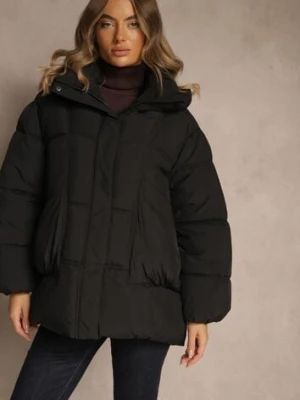 Czarna Kurtka Oversize z Pikowanymi Przeszyciami i Kapturem Galeana swest