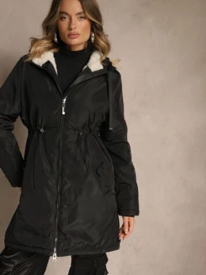 Czarna Kurtka Parka w Stylu Casual Ocieplana Futerkiem Olleania j.style