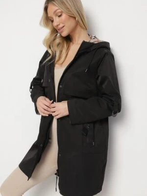 Czarna Kurtka Parka z Podpinanymi Rękawami i Kapturem ze Wstawkami w Kratę Kaithna bh forever