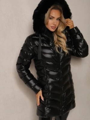 Czarna Kurtka Pikowana o Długim Kroju Ozdobiona Sznurkami i Odpinanym Futerkiem Lorrina jstyle