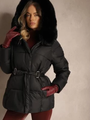 Czarna Kurtka Pikowana z Kapturem i Odpinanym Kołnierzem Wiązana w Pasie Sialwenna j.style