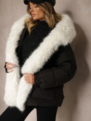 Czarna Kurtka Pikowana z Kapturem i Odpinanymi Futerkowymi Wstawkami Izafera rosse line