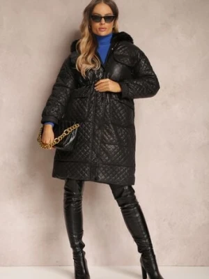 Czarna Kurtka Pikowana z Kapturem z Futerkiem Vilei elsa.m by may