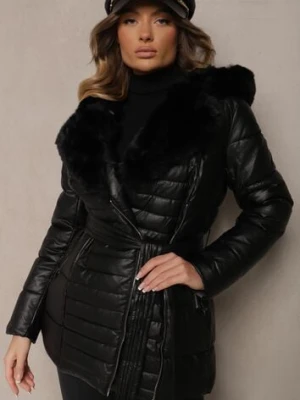 Czarna Kurtka Pikowana z Paskiem w Talii i Kapturem Ozdobiona Futerkiem Jeleti metro five