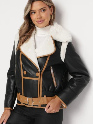 Czarna Kurtka Pilotka z Beżową Lamówką z Kołnierzem z Futerkiem i Paskiem Divona New Collection
