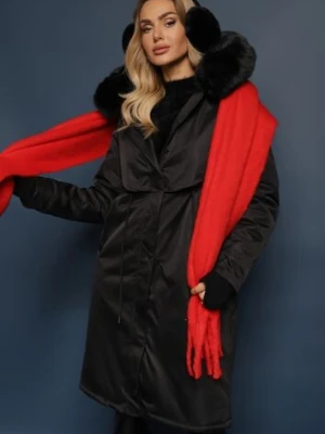 Czarna Kurtka Płaszcz ze Ściągaczem i Kapturem z Ozdobnym Futerkiem Livieya