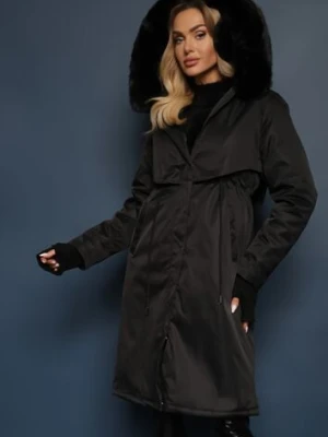 Czarna Kurtka Płaszcz ze Ściągaczem i Kapturem z Ozdobnym Futerkiem Livieya