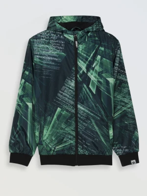 Czarna kurtka przejściowa z kapturem z nadrukiem w kolorze zielonym na całości Reporter