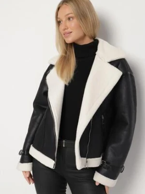 Czarna Kurtka Ramoneska Biker z Futerkiem i Paskami z Klamrami Mandrie j.style