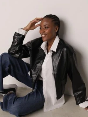 Czarna Kurtka Ramoneska Bomberka Ściągana po Bokach Salanthe j.style