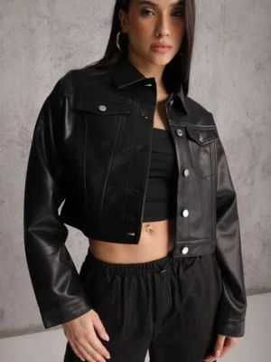 Czarna Kurtka Ramoneska Cropped o Fasonie Koszulowym Savarinda