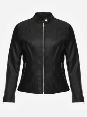 Czarna Kurtka Ramoneska o Klasycznym Kroju ze Stójką na Nap Zeaniel