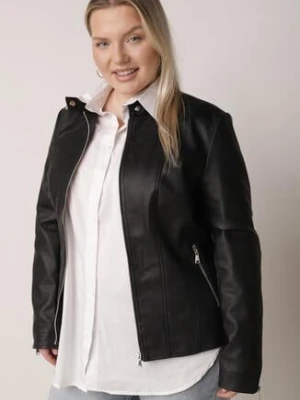 Czarna Kurtka Ramoneska o Klasycznym Kroju ze Stójką na Nap Zeaniel