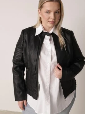 Czarna Kurtka Ramoneska o Taliowanym Kroju ze Stójką na Nap Lissae