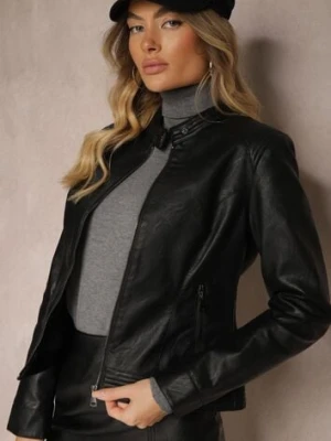 Czarna Kurtka Ramoneska o Taliowanym Motocyklowym Kroju ze Stójką Delorine swest