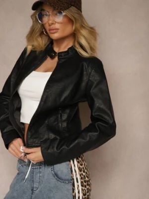 Czarna Kurtka Ramoneska o Taliowanym Motocyklowym Kroju ze Stójką Delorine swest