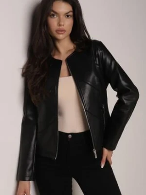 Czarna Kurtka Ramoneska Taliowana bez Kołnierzyka w Motocyklowym Stylu Nelaswenna