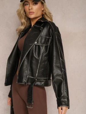 Czarna Kurtka Ramoneska Vintage z Ekoskóry z Paskiem i Asymetrycznym Suwakiem Leovia