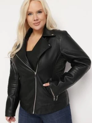 Czarna Kurtka Ramoneska z Ekoskóry z Ozdobnymi Paskami na Napy Bellassa christy