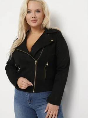 Czarna Kurtka Ramoneska z Imitacji Zamszu z Asymetrycznym Suwakiem Maisen christy