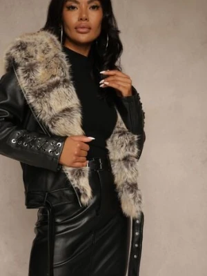 Czarna Kurtka Ramoneska z Kapturem z Futrem z Możliwością Odpięcia Aplinna