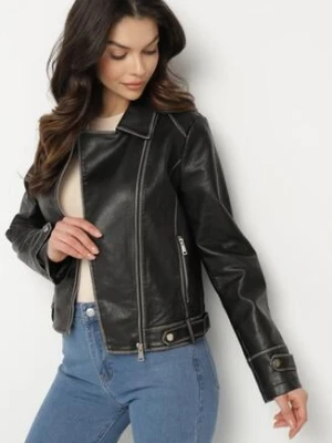 Czarna Kurtka Ramoneska z Nitami i Ozdobnymi Przeszyciami Adivila jstyle