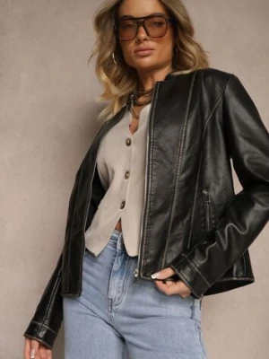 Czarna Kurtka Ramoneska z Ozdobnymi Przeszyciami Idivona j.style