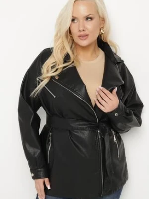 Czarna Kurtka Ramoneska z Wiązanym Paskiem Calselia rosse line