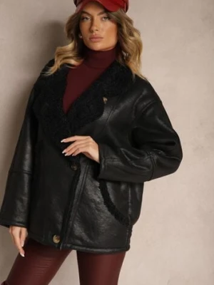 Czarna Kurtka Typu Biker o Kroju Oversize z Futrzaną Podszewką i Guzikami Nikilina ann gissy