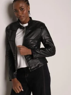 Czarna Kurtka Typu Ramoneska Ozdobiona Przeszyciami Elianea