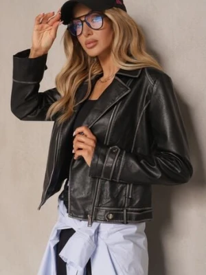 Czarna Kurtka Typu Ramoneska Zdobiona Kontrastowymi Przeszyciami i Nitami Adivona jstyle