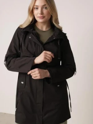Czarna Kurtka w Stylu Parki z Odpinanym Kapturem i Sznurkami Enang swest