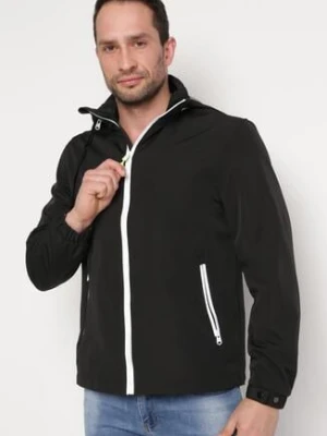 Czarna Kurtka Wiatrówka z Kapturem Schowanym w Kołnierzu Fioratte