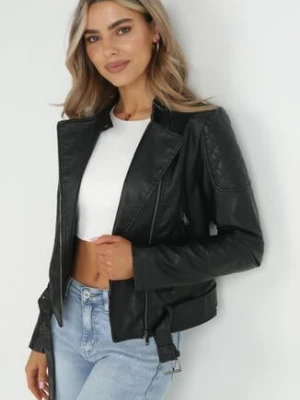 Czarna Kurtka z Asymetrycznym Suwakiem i Regulowanym Paskiem ze Sprzączką Zhathe