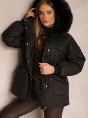Czarna Kurtka z Futrzanym Kapturem i Drobnym Pikowaniem Obtashe ann gissy