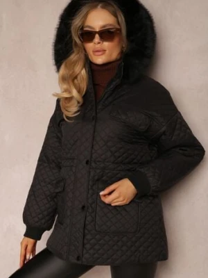 Czarna Kurtka z Futrzanym Kapturem i Drobnym Pikowaniem Obtashe ann gissy