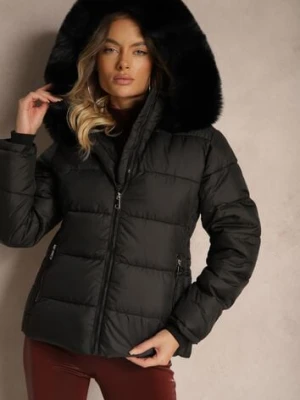 Czarna Kurtka z Kapturem Ozdobiona Pikowaniem Ściągaczami i Futerkiem Sintalia emt