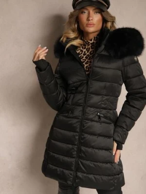 Czarna Kurtka z Odpinanym Futerkiem Taliowana o Długim Fasonie Delavira metro five