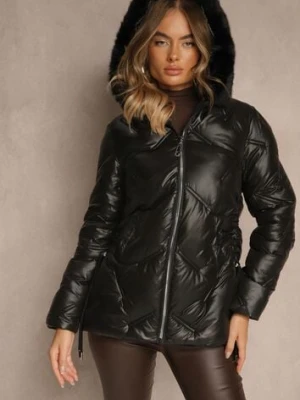 Czarna Kurtka z Ozdobnym Pikowaniem i Kapturem z Futrem Naliavea swest