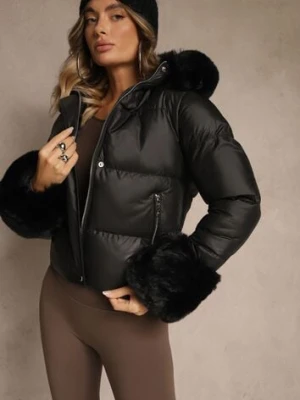 Czarna Kurtka z Pikowanymi Przeszyciami i Futerkowymi Zdobieniami Olindea j.style