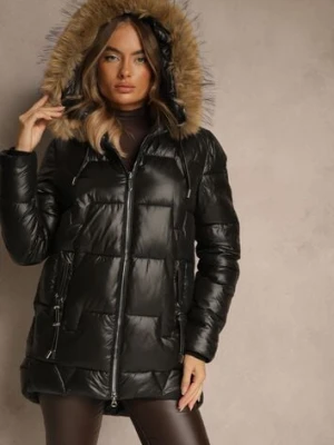 Czarna Kurtka z Pikowanymi Przeszyciami i Kapturem z Odpinanym Futrem Galenea swest