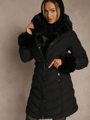 Czarna Kurtka z Pikowanymi Przeszyciami Mocno Ocieplana z Paskiem i Odpinanym Futerkiem Hedista