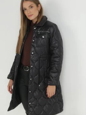 Czarna Kurtka za Kolano z Kołnierzem Pikowana Chloime ann gissy