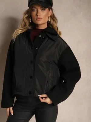Czarna Kurtka Zapinana na Napy z Odpinanym Kołnierzem i Materiałowymi Wstawkami Liolie ann gissy