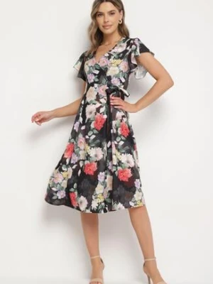 Czarna Kwiatowa Sukienka z Kopertowym Dekoltem Atorina lovery