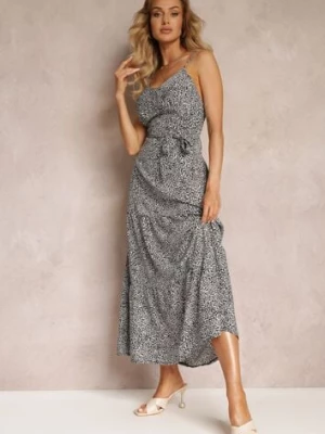 Czarna Kwiecista Sukienka Maxi na Regulowanych Ramiączkach z Materiałowym Paskiem Phoebilu j&x