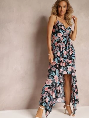 Czarna Kwiecista Sukienka Maxi z Asymetrycznym Dołem Jomelli j&x